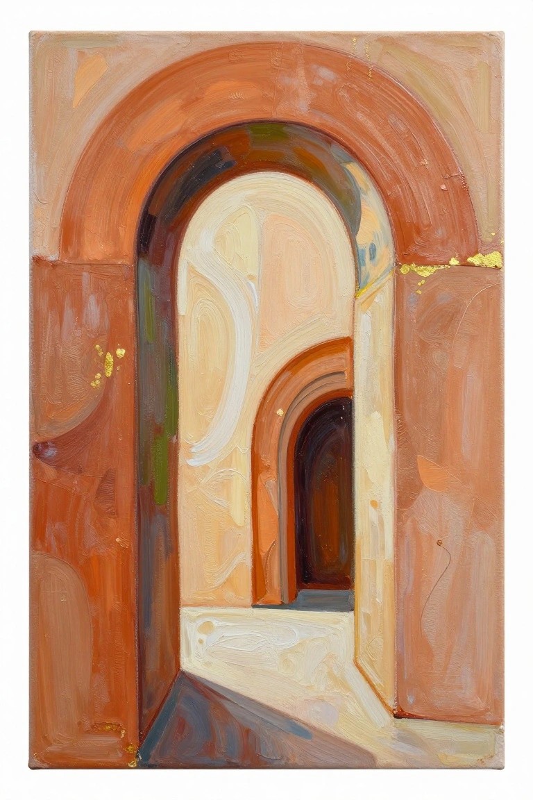 Abstract painting of terracotta arched passageway with receding doorways and gold accents.