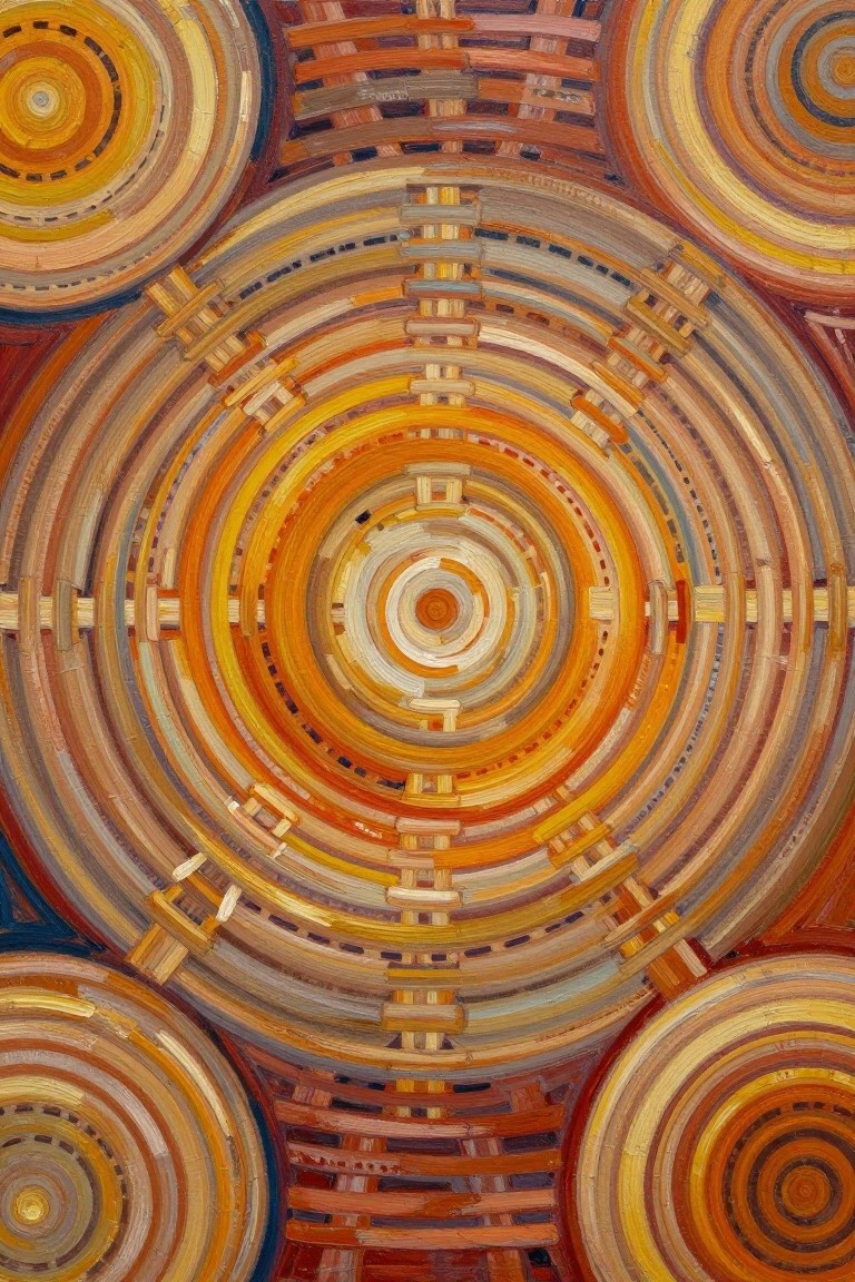 Abstract painting of overlapping concentric circles in warm orange, yellow, and brown tones.