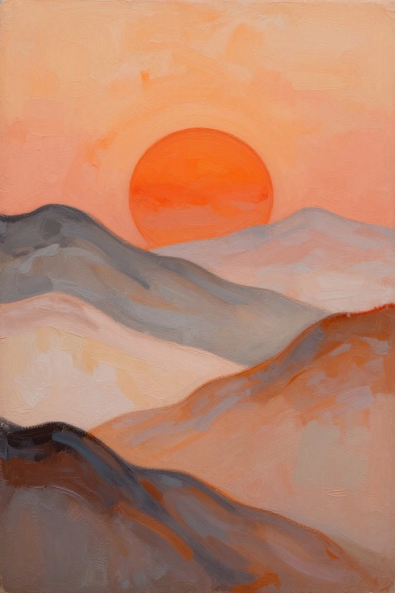 A painting of a large orange sun above layered mountains in shades of gray, brown, and peach.