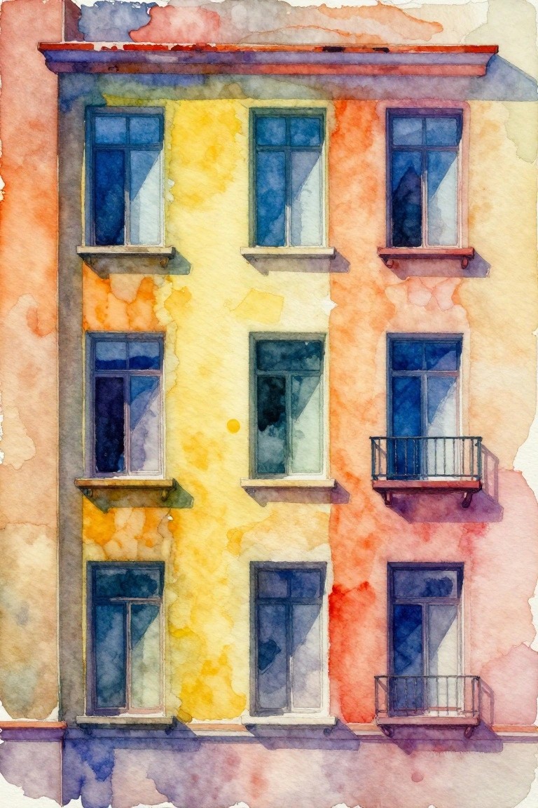 Watercolor painting of colorful building facade with blue windows and balconies.