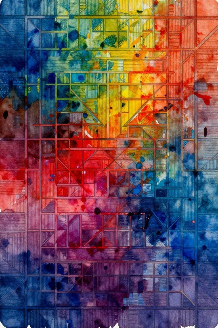 Vibrant watercolor abstract of geometric grids with rainbow color splashes over blueprints