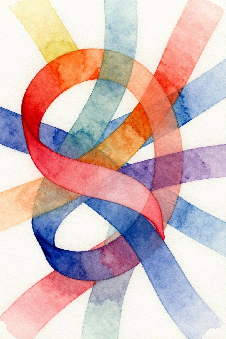 Vibrant watercolor ribbons intertwined in loops, radiating from a central knot.