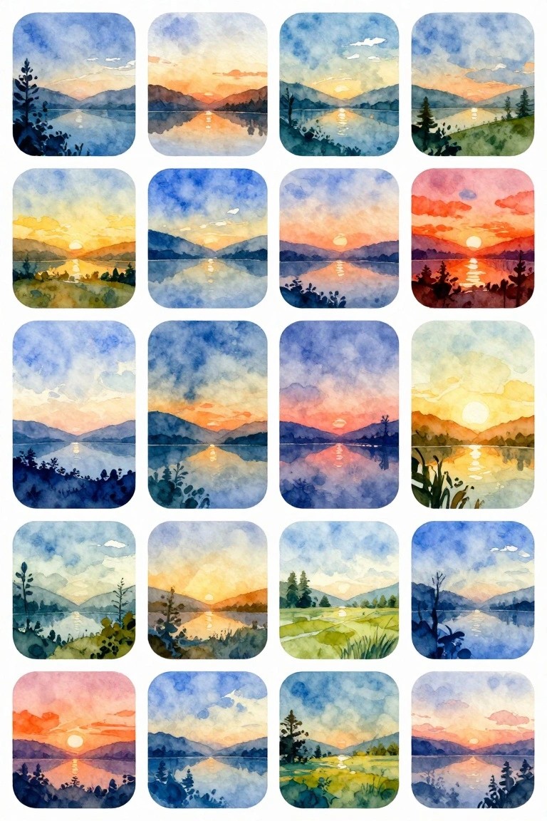 Grid of watercolor landscapes with lakes, mountains, and vibrant sunsets in varied hues