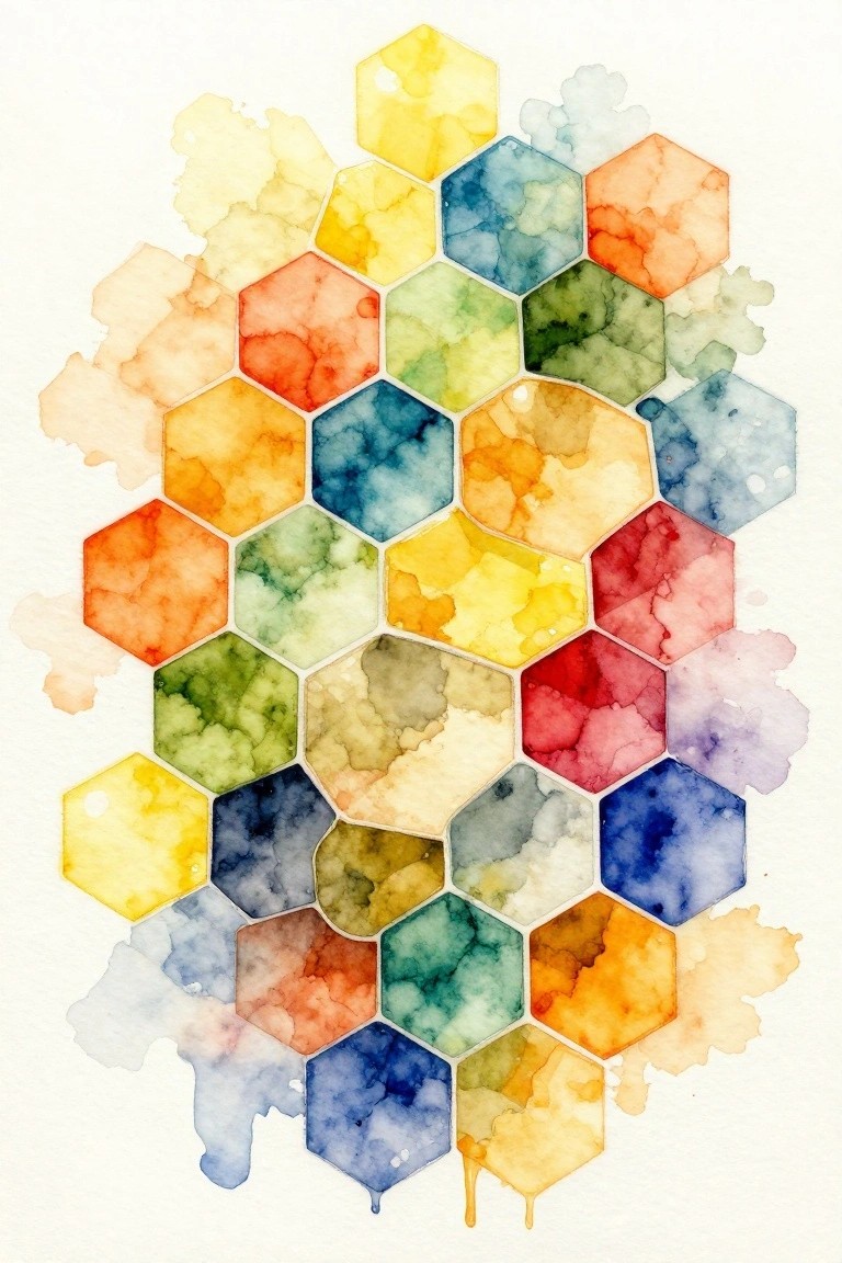 Vibrant watercolor hexagons clustered in a colorful honeycomb pattern with soft splashes.