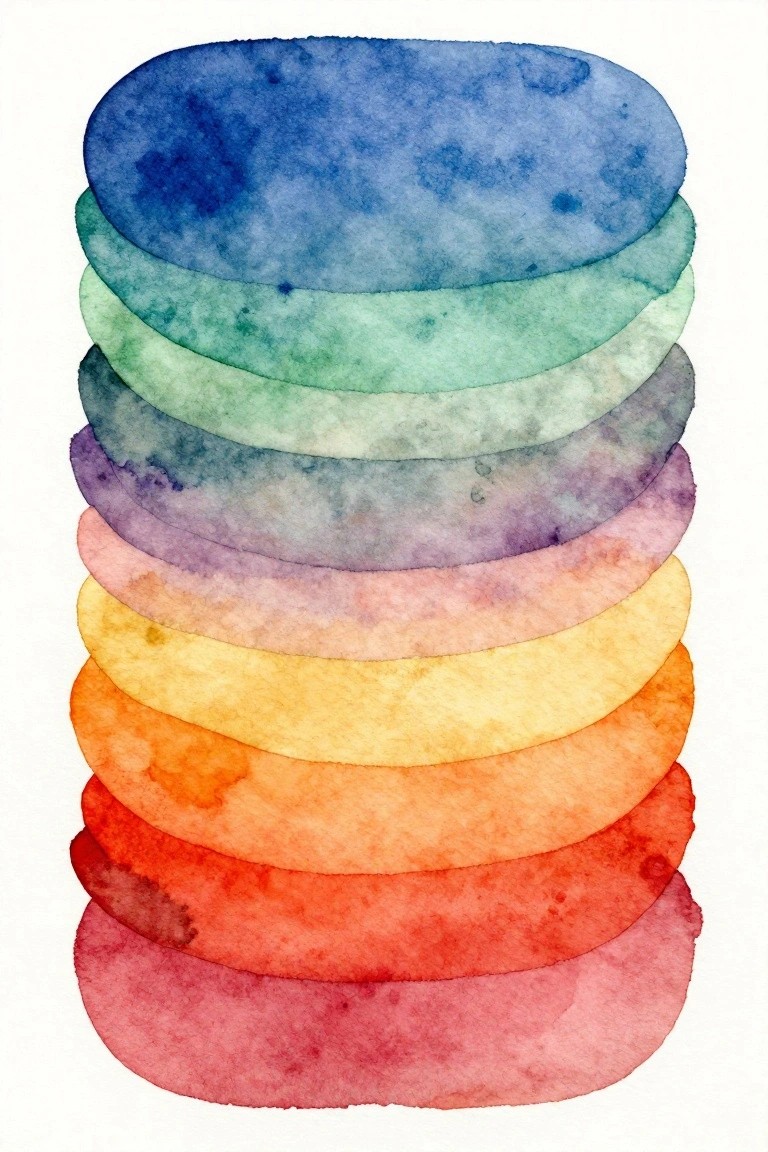 A vertical stack of overlapping oval shapes painted in a watercolor gradient from blue at the top through green, purple, yellow, orange, and red at the bottom.