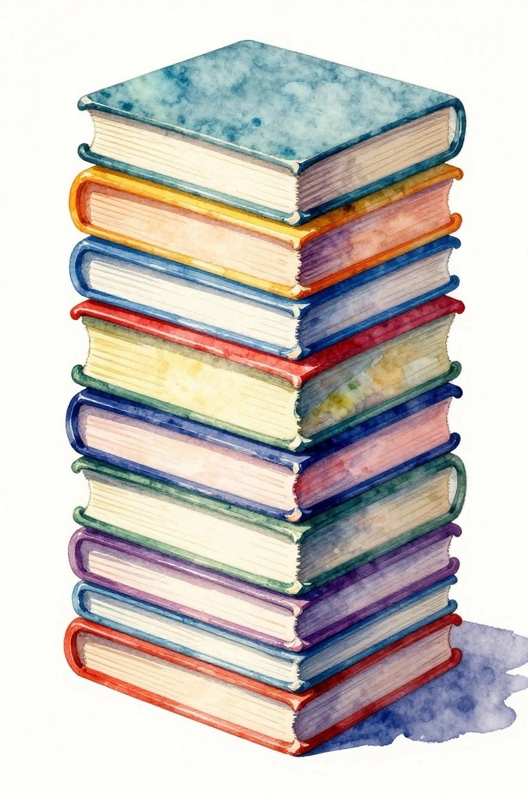 Colorful stack of watercolor-painted books leaning with blue shadow beneath