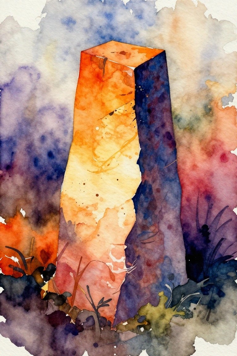 Watercolor of a tall orange and blue geometric monolith amid colorful abstract foliage and mist