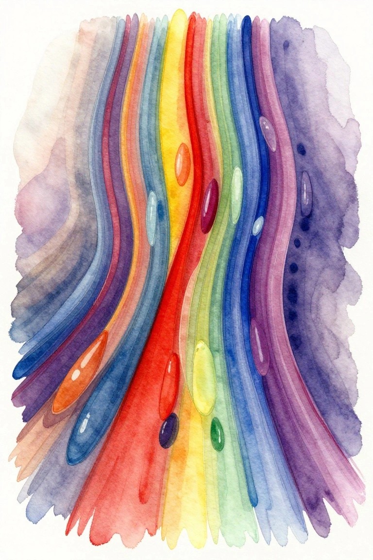 Abstract watercolor of vertical wavy rainbow stripes with scattered oval shapes and dots