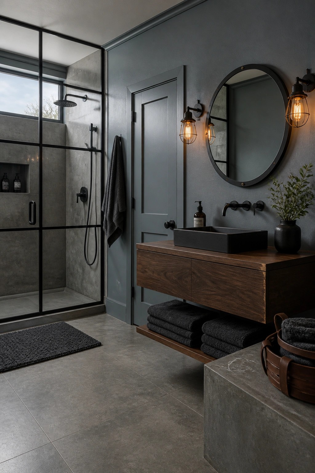 Bathroom walls painted a deep charcoal gray with a wood vanity and black fixtures.