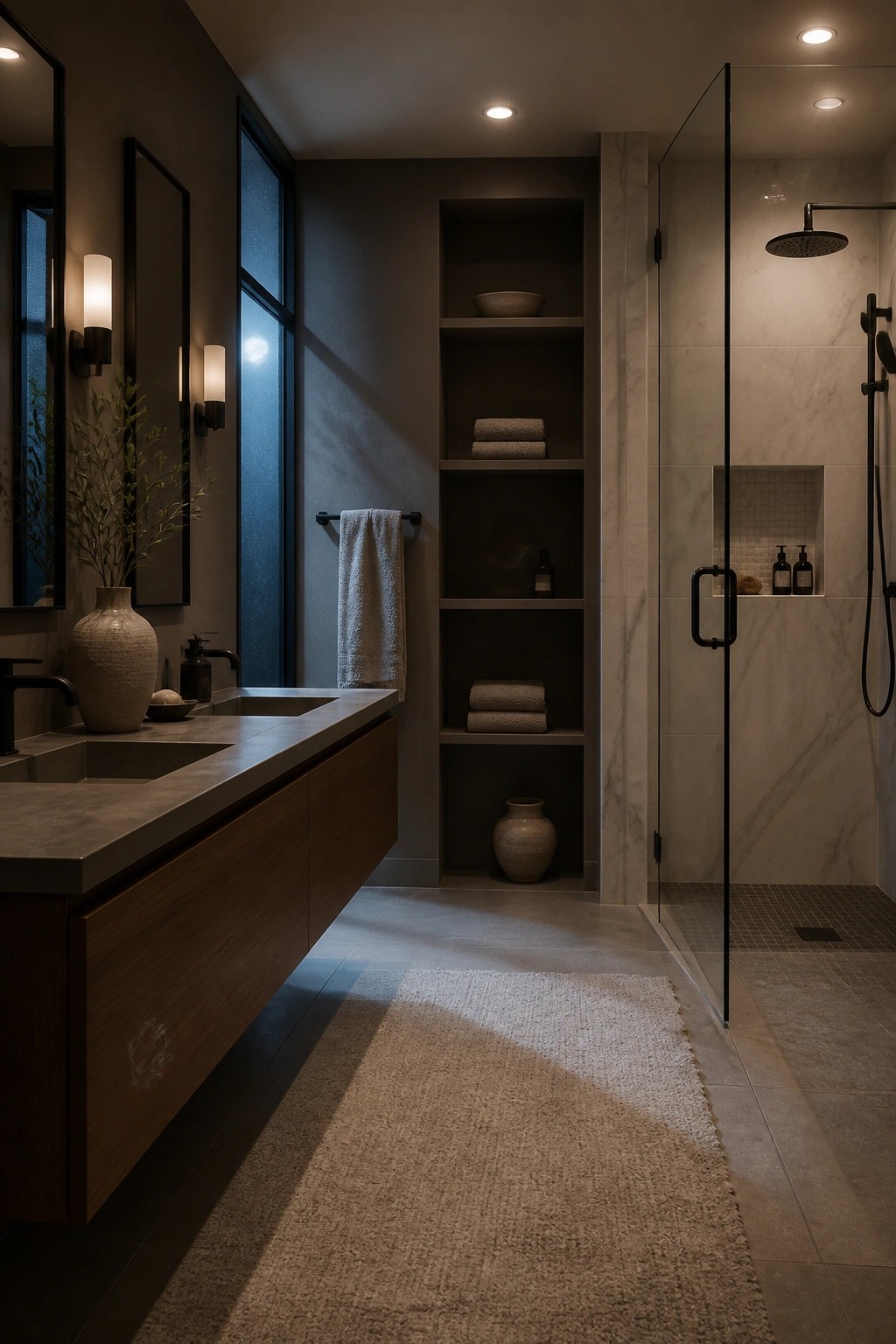 Bathroom with dark warm gray walls and wood vanity.