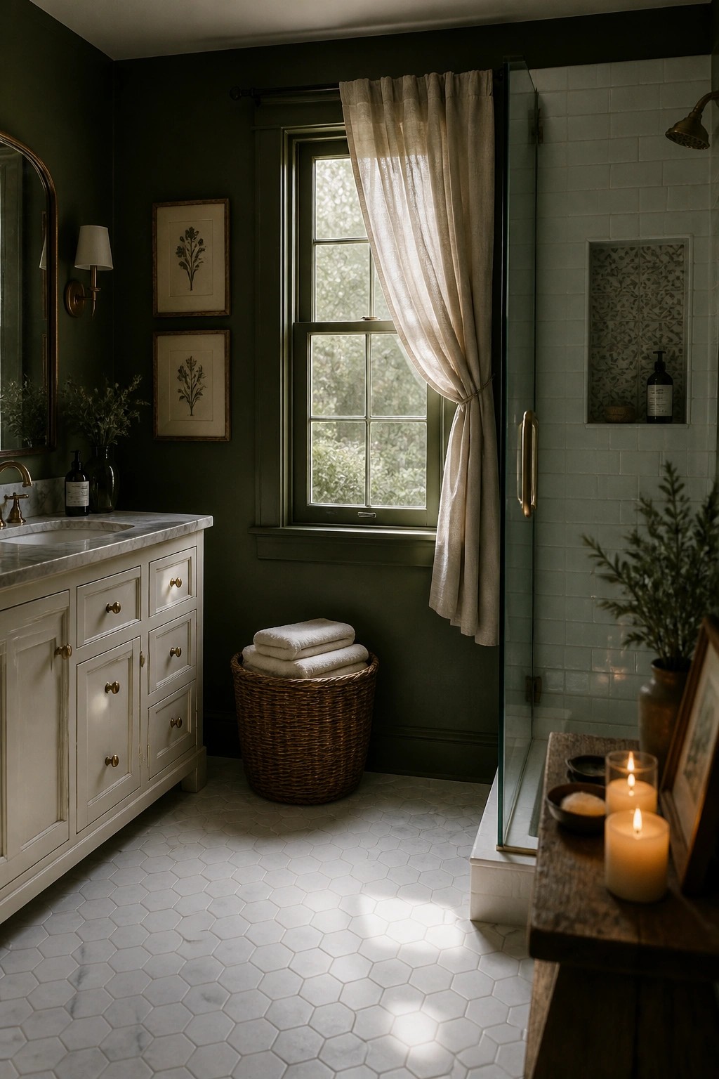 A bathroom with deep green walls and white hexagonal tile.