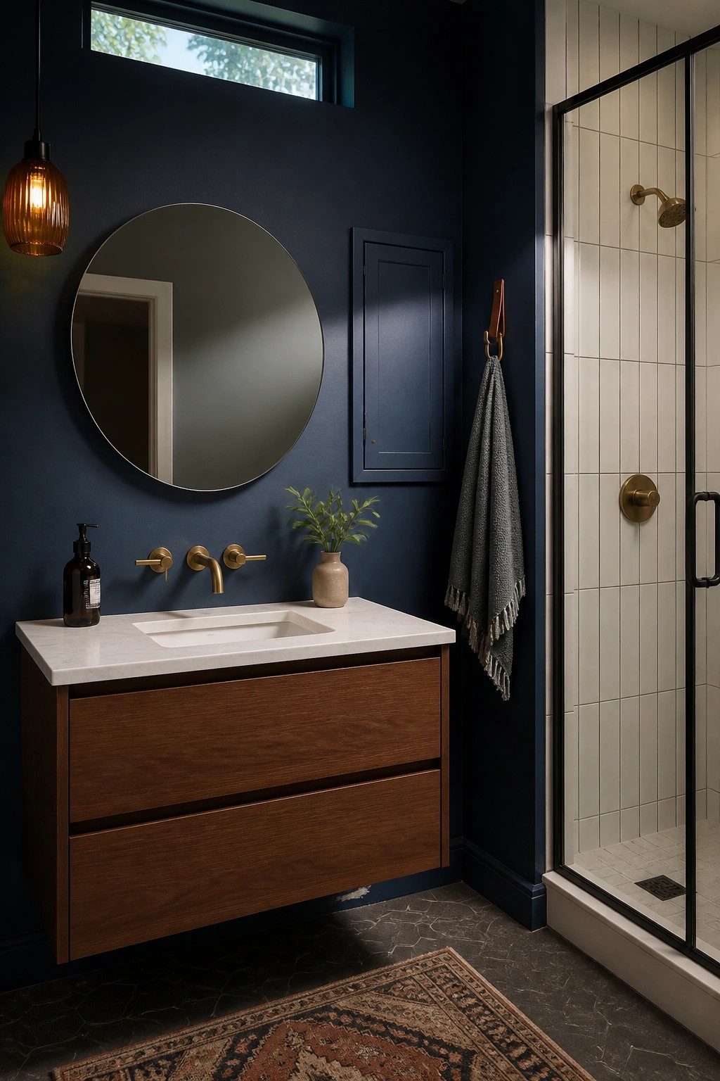 Deep navy walls in a bathroom with a white marble vanity and wood cabinet.