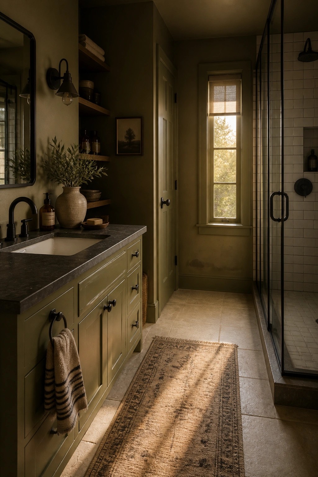 A bathroom featuring deep olive green walls and cabinetry next to white tiled shower.