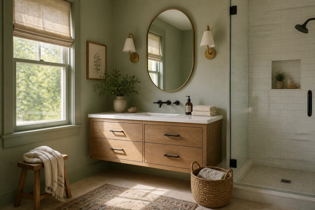 23 Cozy Bathroom Paint Colors to Warm Up White Tile and Cold Fixtures A bathroom with soft sage green walls next to white tile and a wood vanity.
