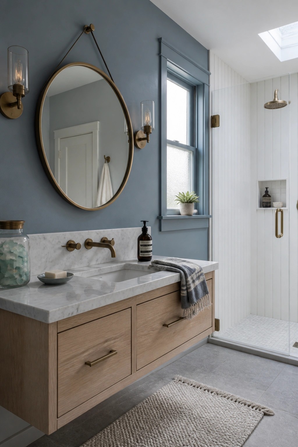 A bathroom with muted blue gray walls and a floating wood vanity.