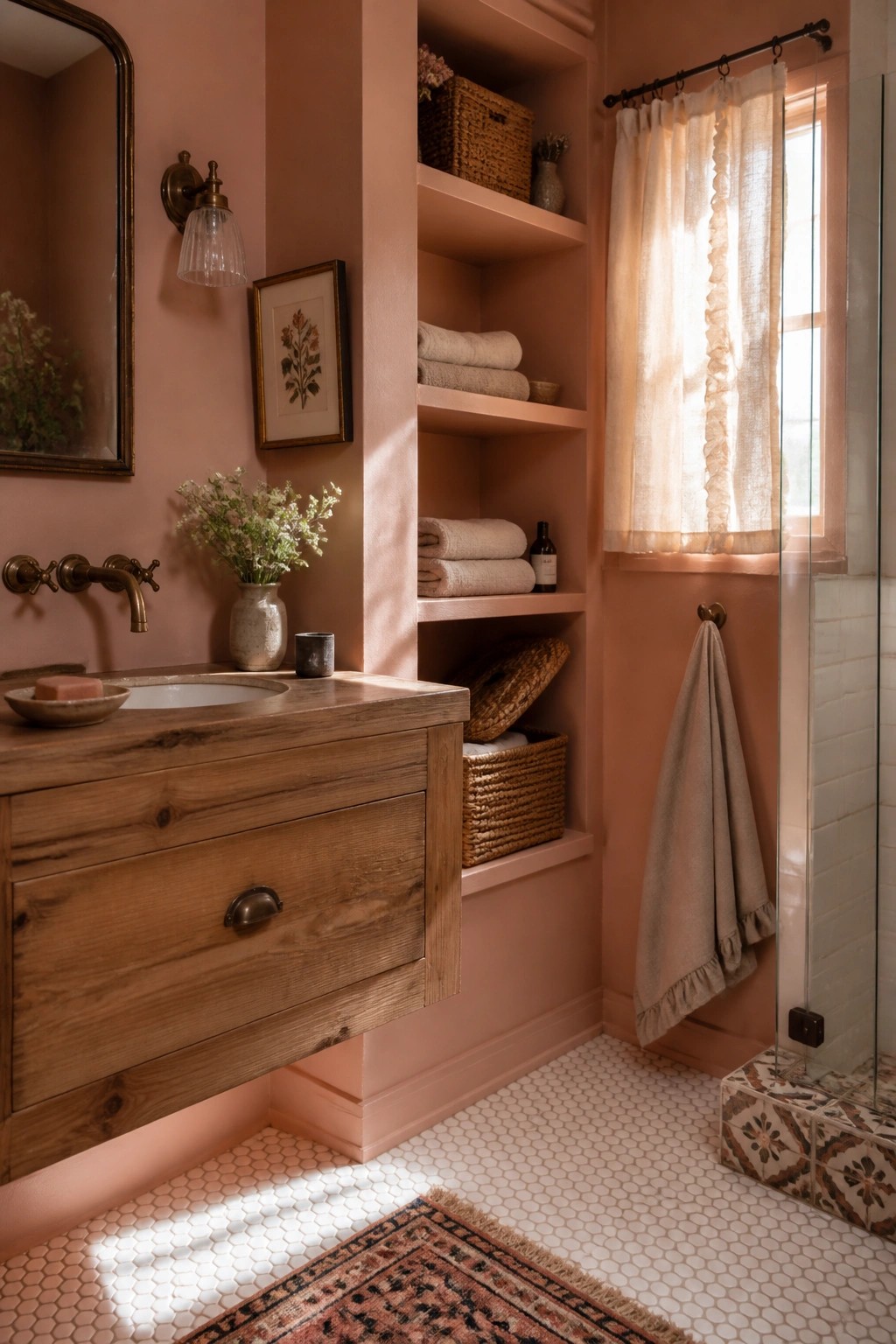 Bathroom walls painted in a soft peach color beside white tile and a wood vanity.