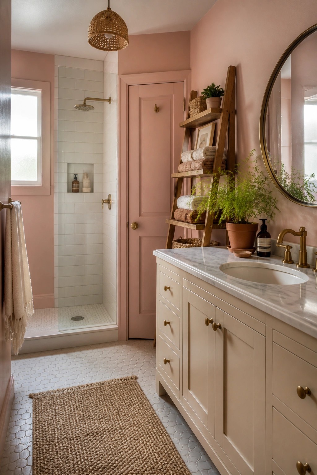 A bathroom with soft pink walls and white tile.