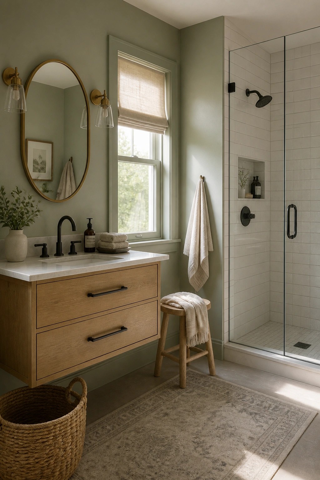 A bathroom with soft sage green walls next to white tile and a wood vanity.