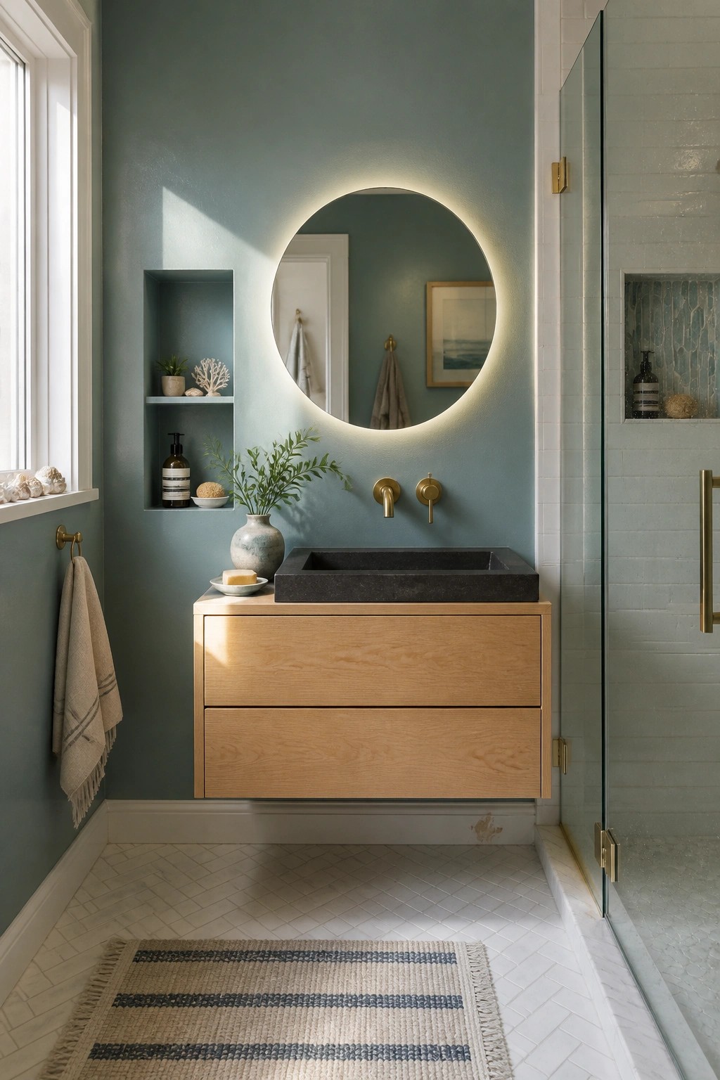 Modern bathroom with teal walls, round backlit mirror, and wooden floating vanity.