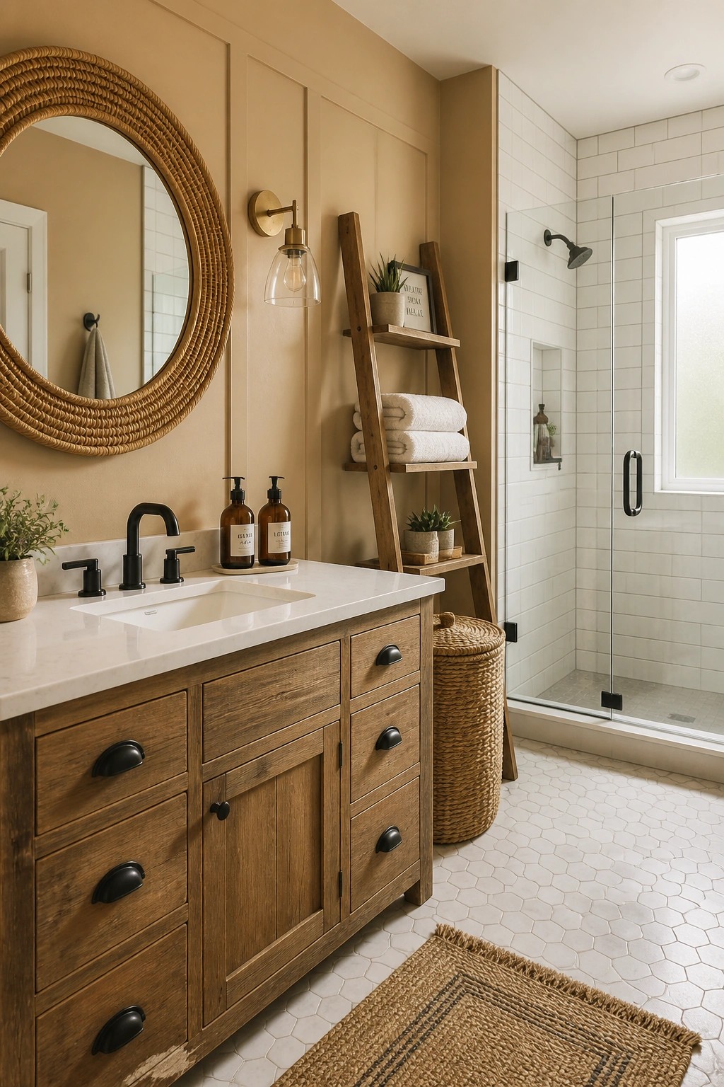 Bathroom walls painted in a warm beige next to a wood vanity and white tile shower.