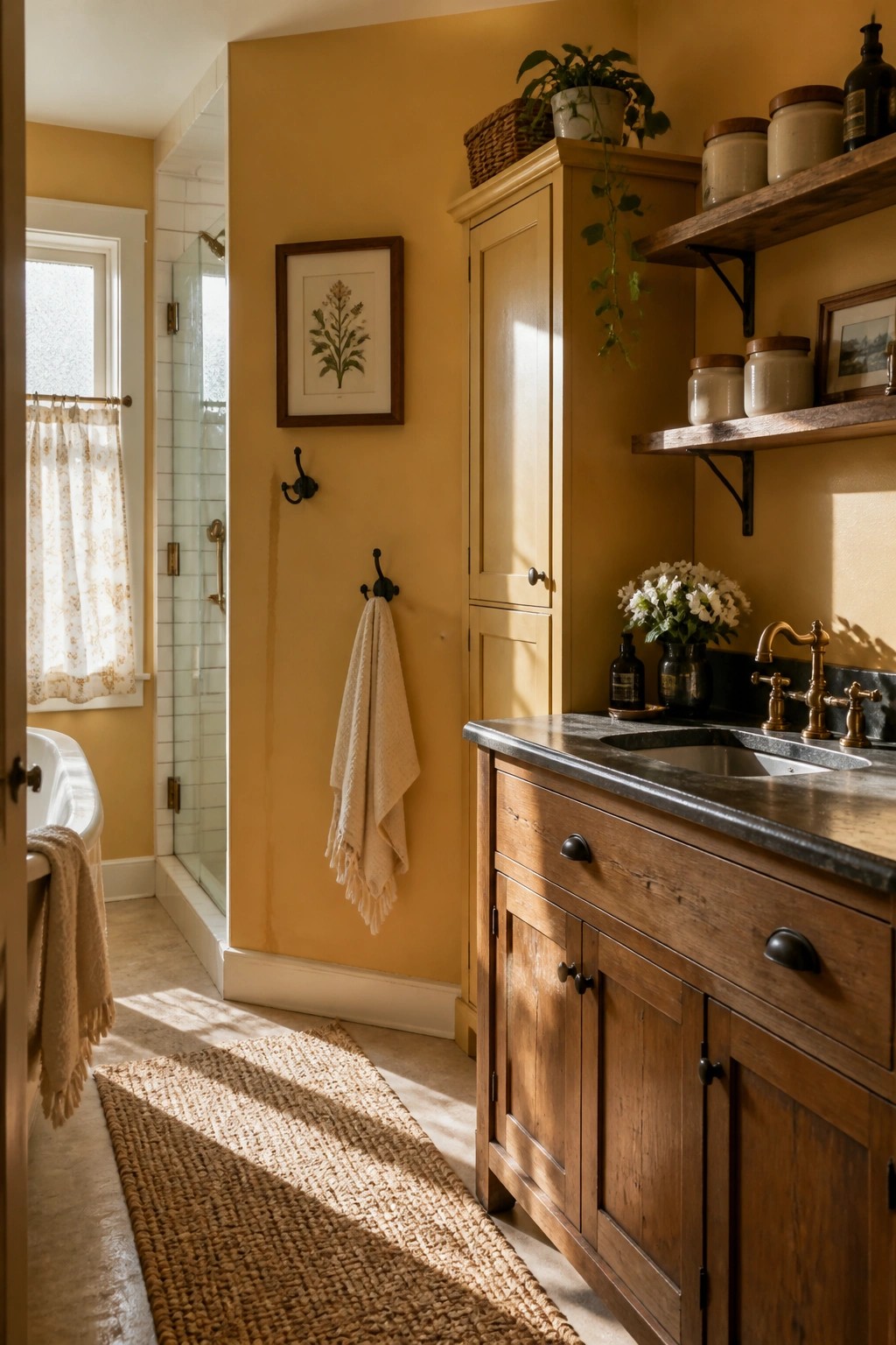 A bathroom with warm golden yellow walls and a wooden vanity.