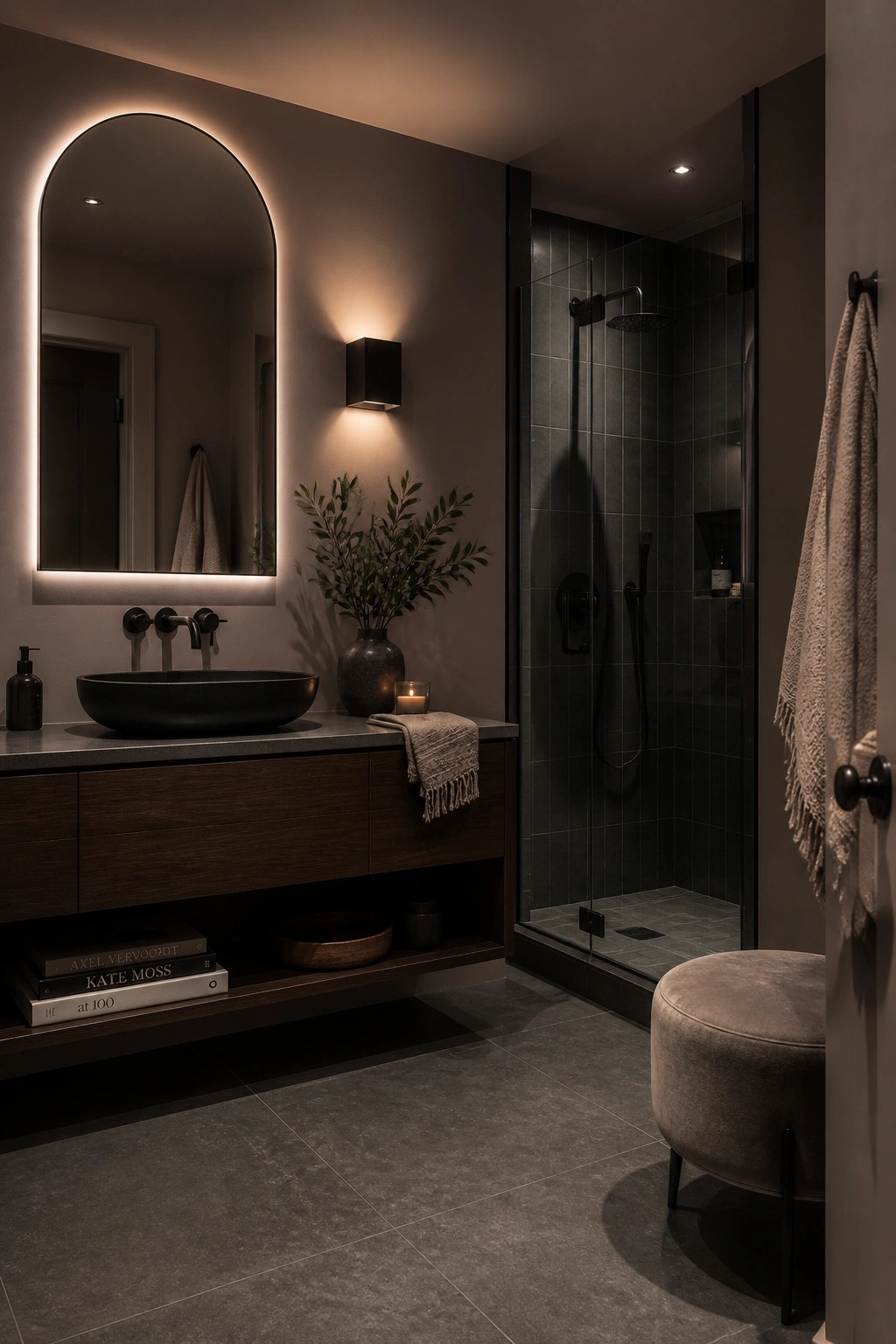 A bathroom with warm greige walls, a dark vanity, and black tile in the shower.