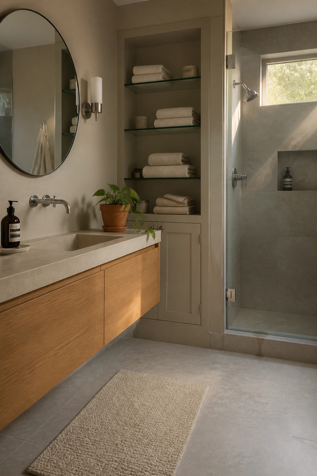 Bathroom walls painted in a soft warm greige color.