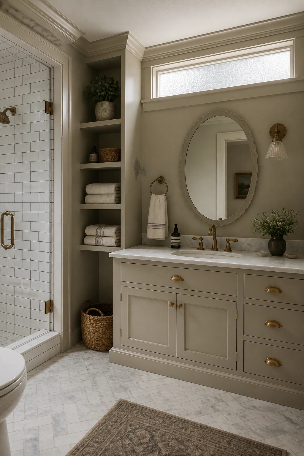 A bathroom with warm greige walls and matching vanity next to white tile.