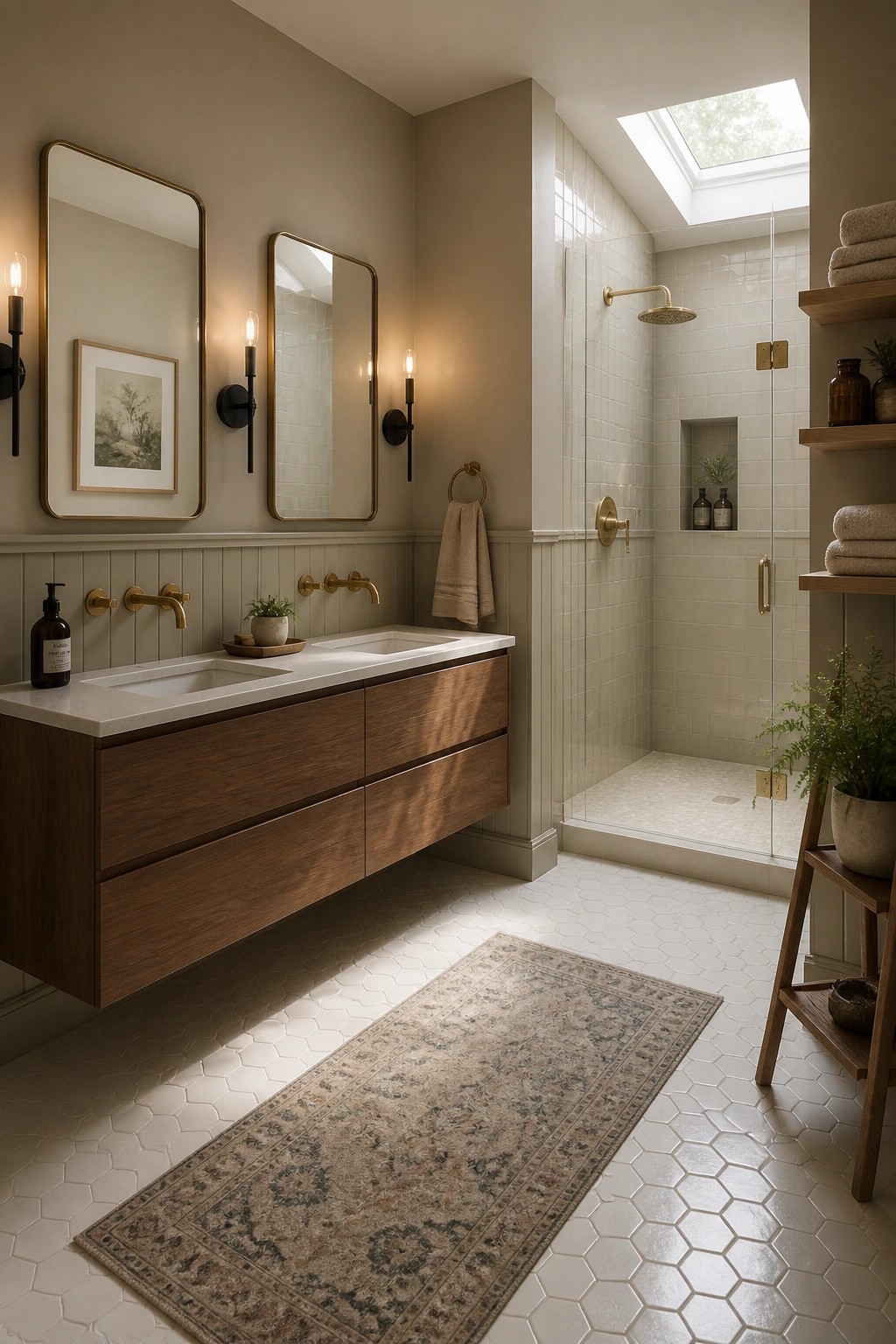 Bathroom walls painted in a warm greige above white wainscoting and tile.