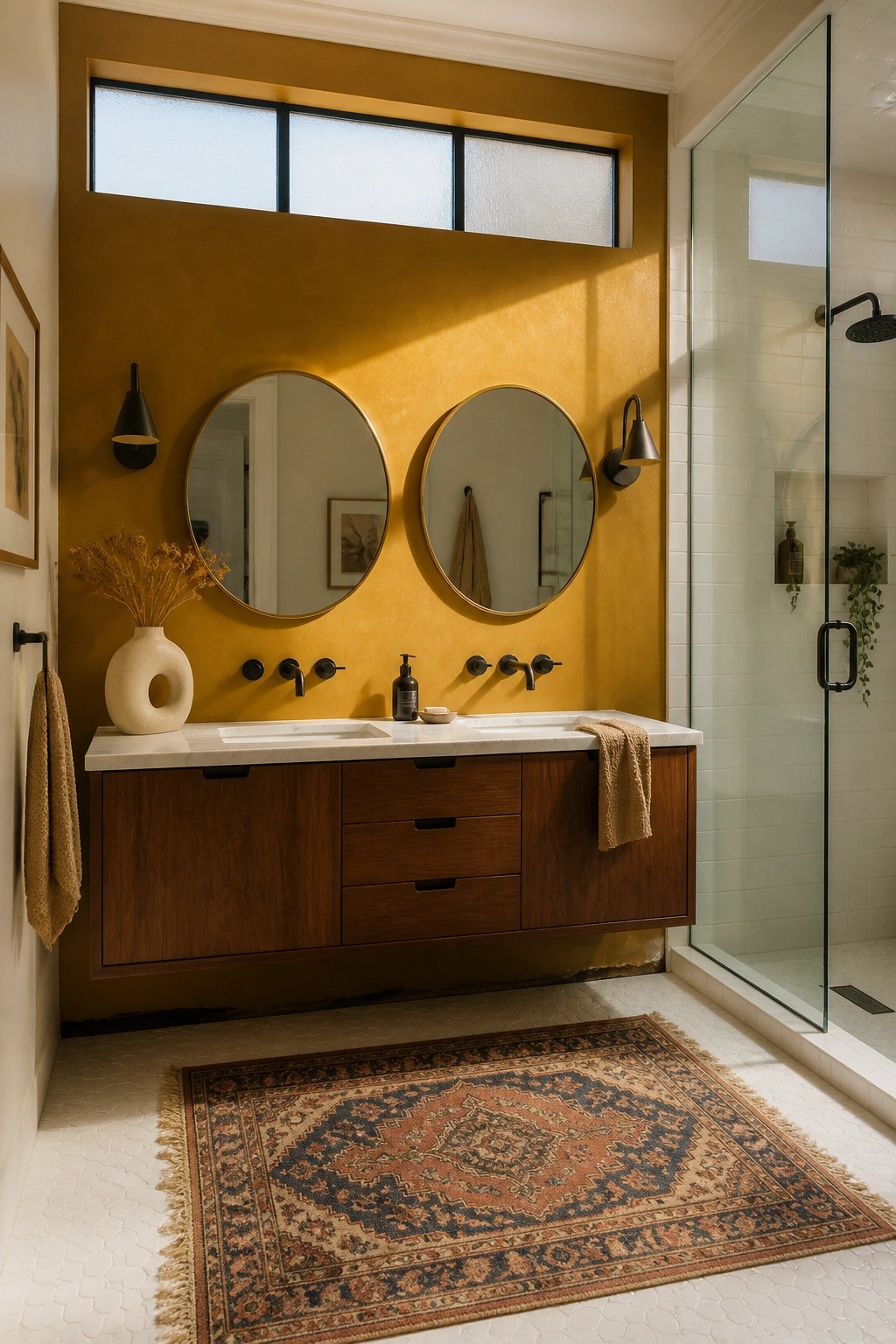 A bathroom with warm mustard yellow walls above a floating wood vanity and white tile.