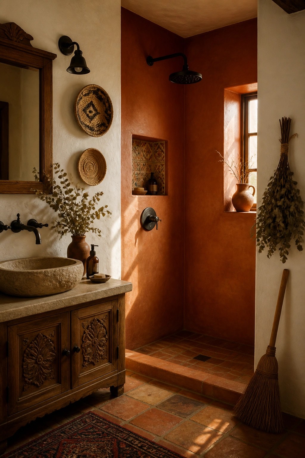 A bathroom with warm terracotta walls and terracotta tile flooring.