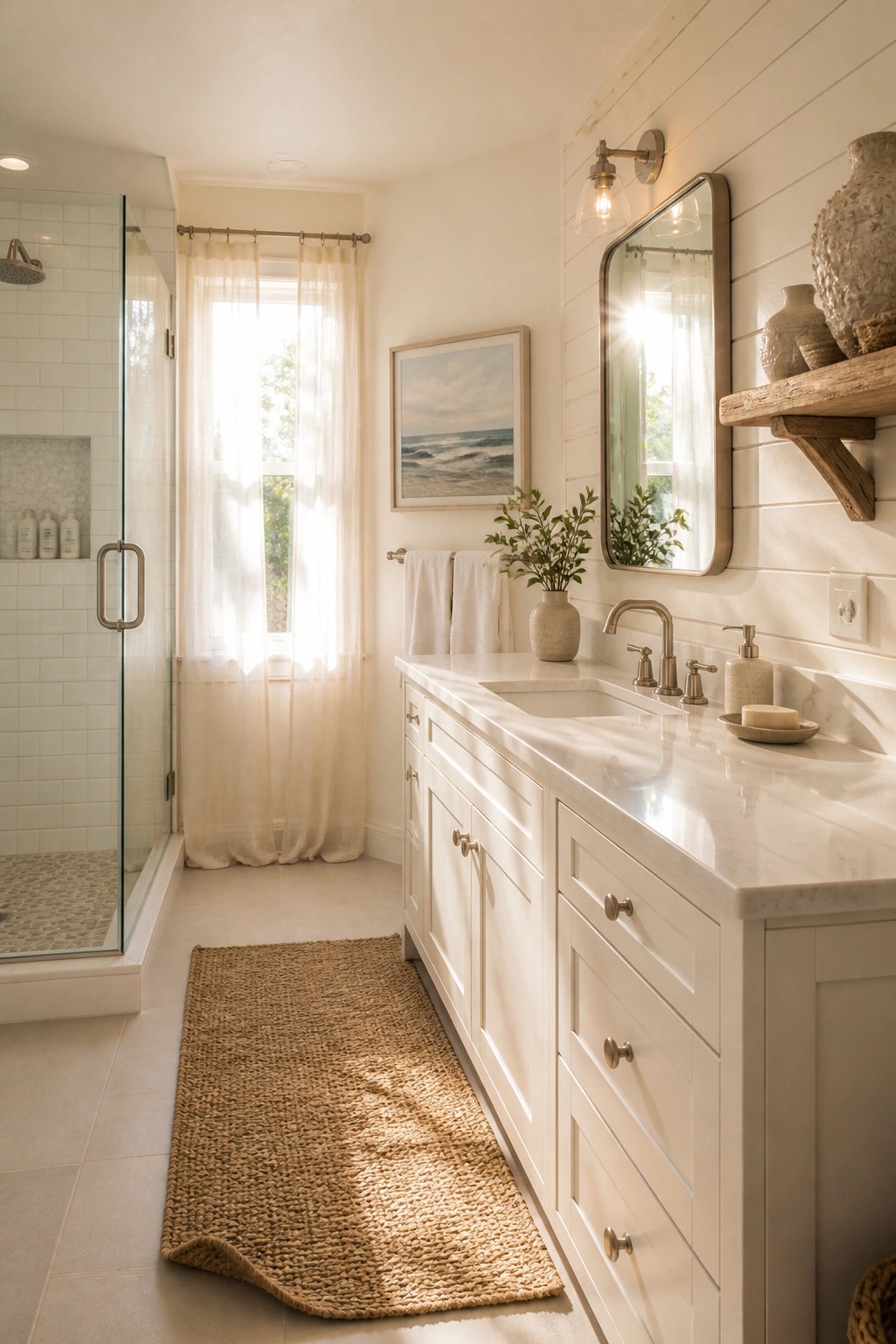 Sunlit white bathroom with marble vanity, wooden mirror, woven rug, and shower.