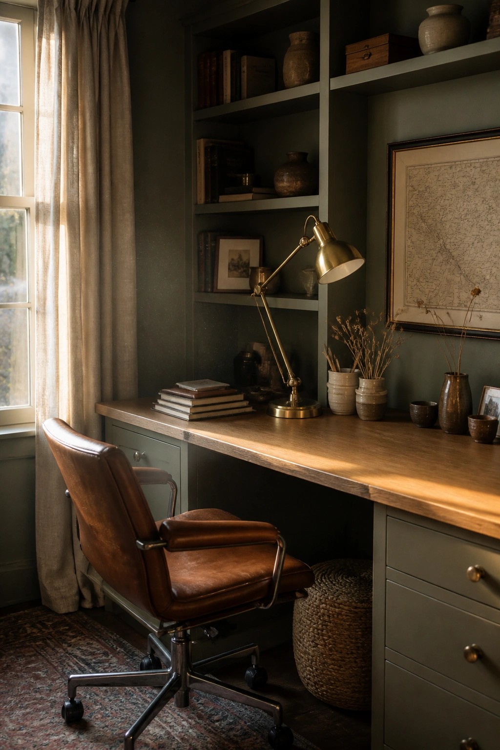 A home office has walls painted in a deep muted green gray with built-in shelving.
