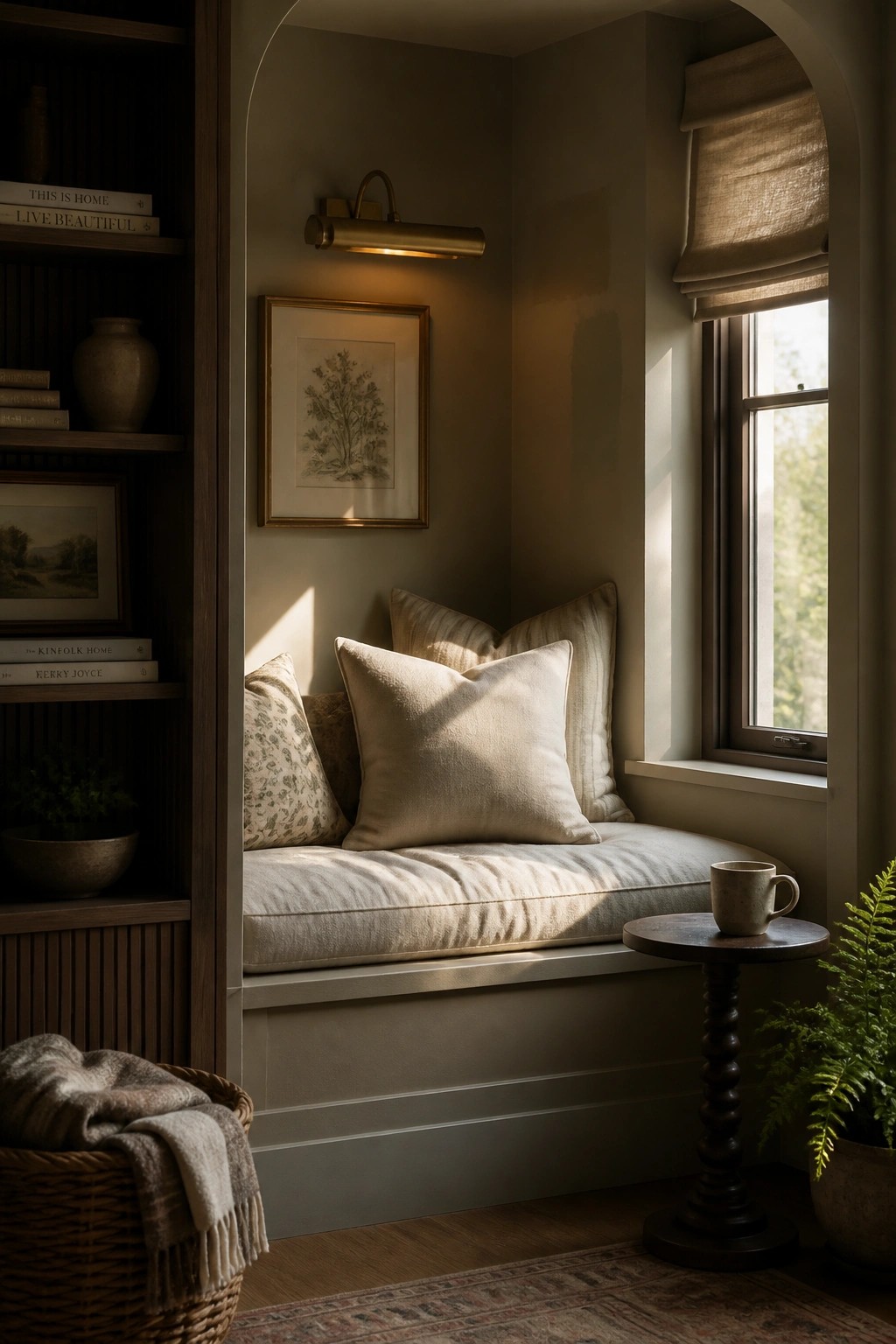 A cozy window nook with soft greige walls and a built-in bench.