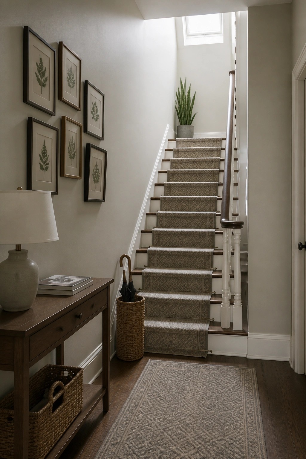 Light greige walls in a hallway beside a carpeted staircase.