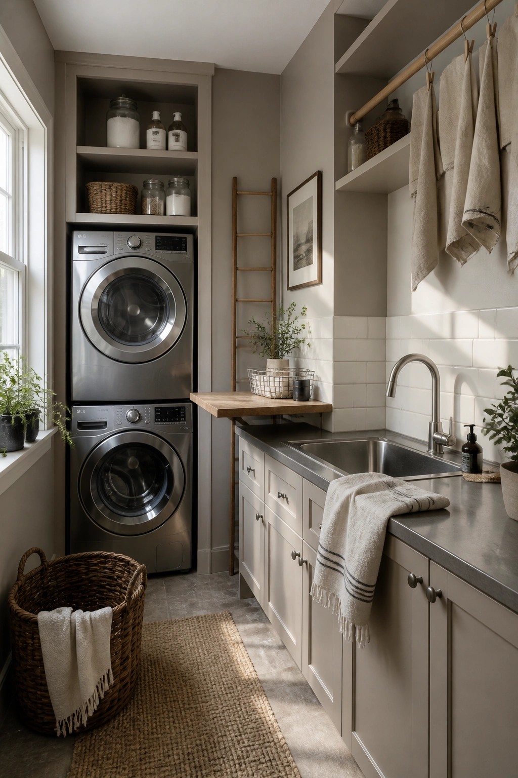 Laundry room with soft greige walls, white subway tile, and gray cabinetry.