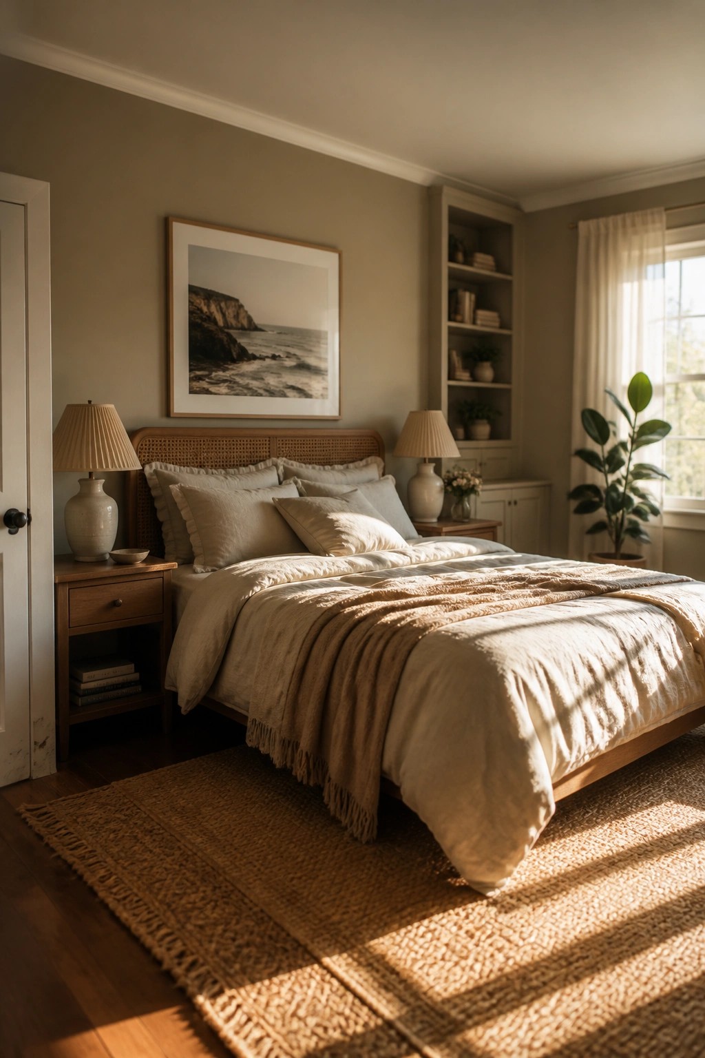 A bedroom with soft greige walls and wood furniture.