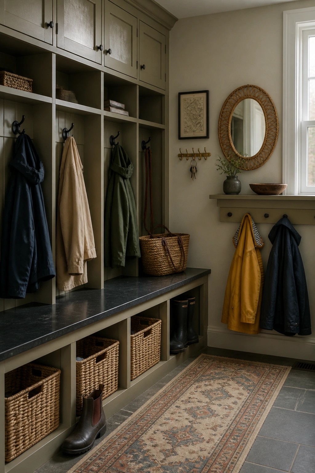 Built-in cabinetry painted in a soft sage greige with dark stone countertop and hooks.