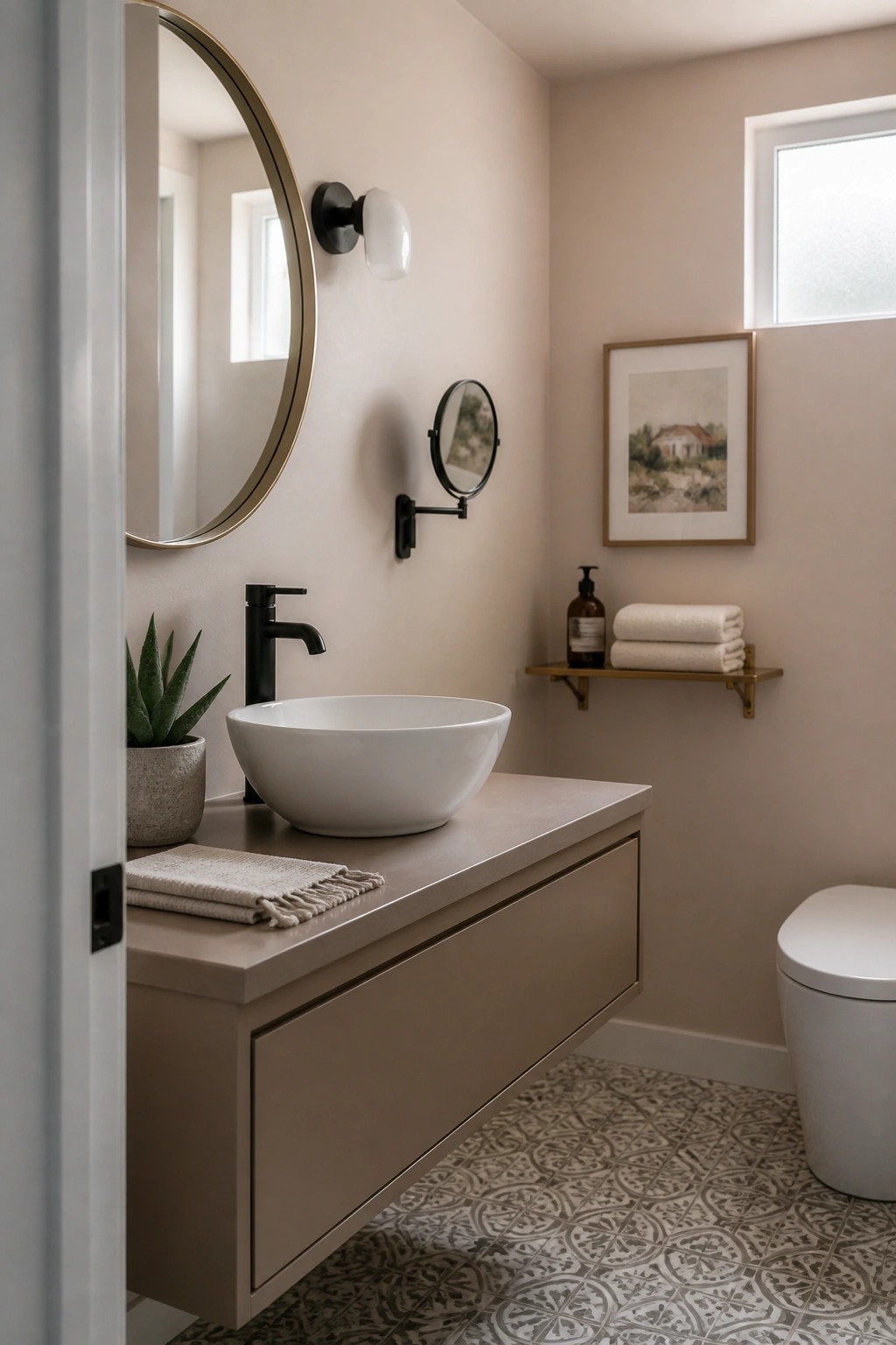 Bathroom walls painted a soft warm beige.