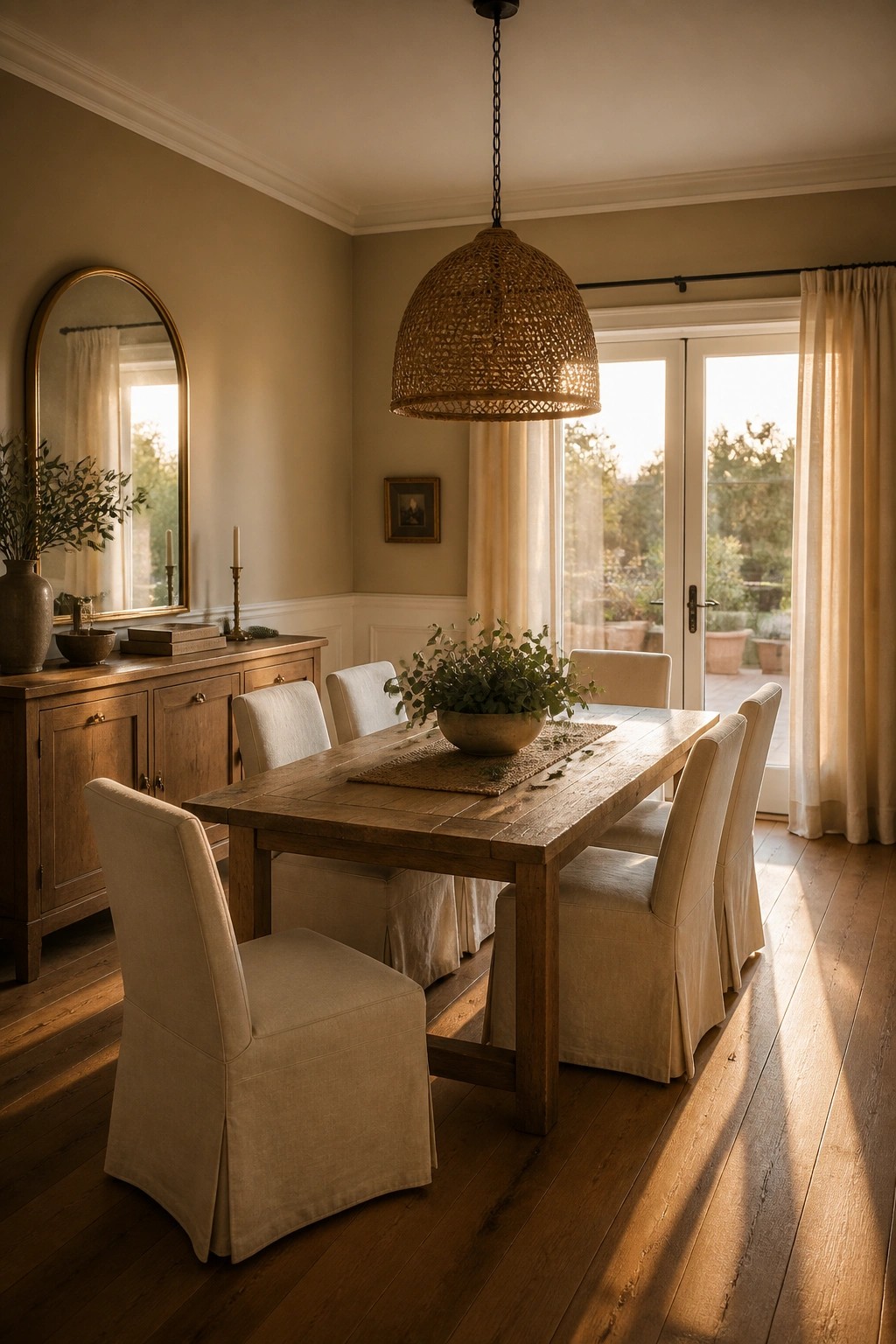 A dining room with warm beige walls and a wooden table.