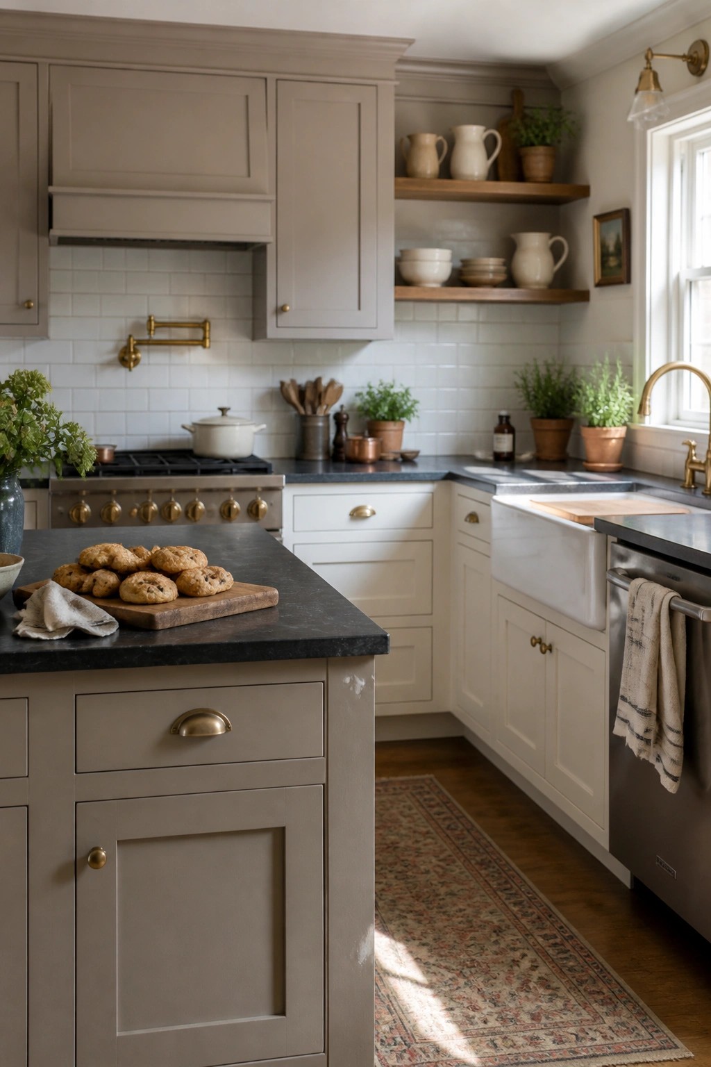 Kitchen with cabinets painted in a soft warm greige.