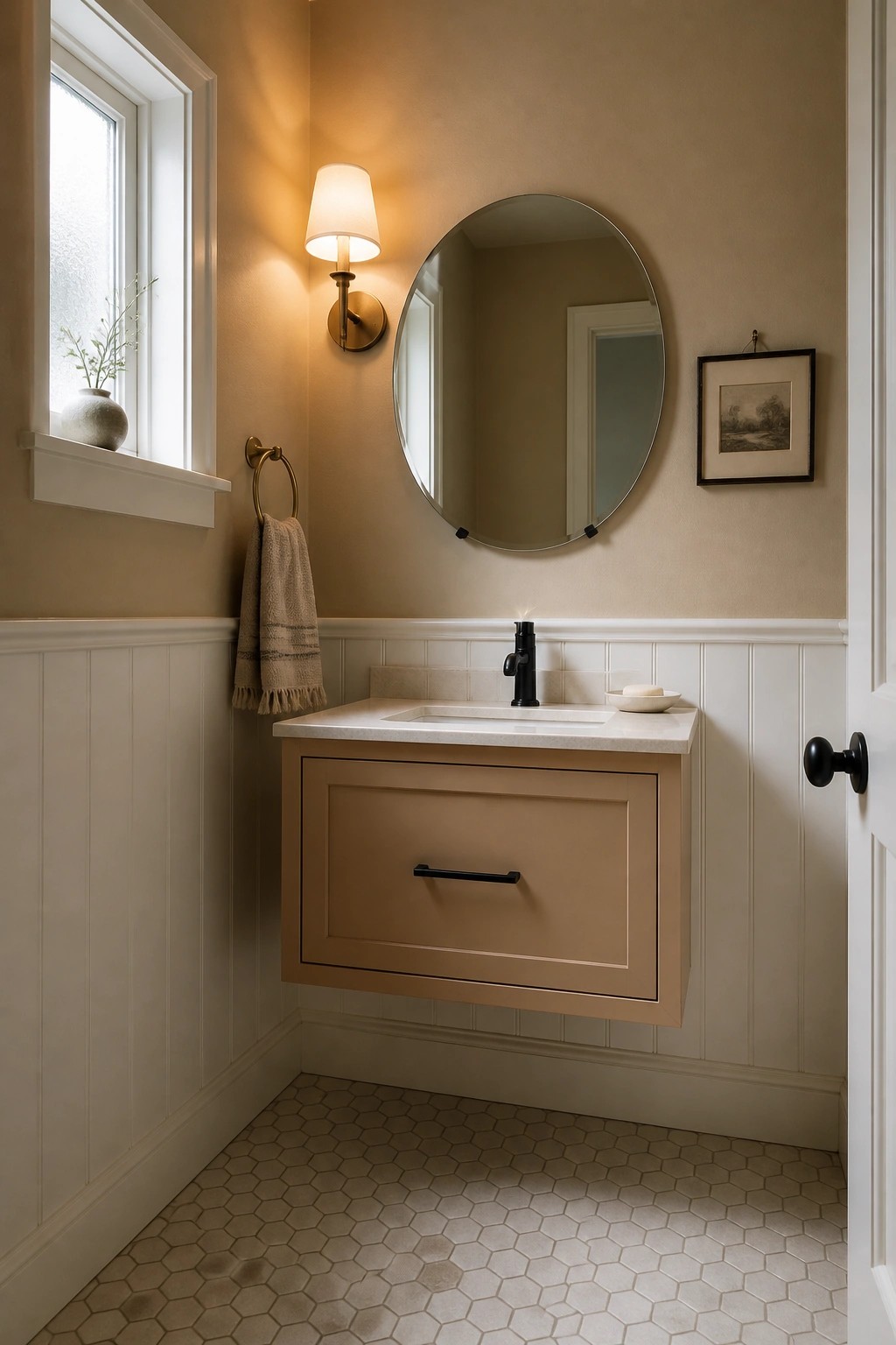 A bathroom with warm greige walls above white beadboard and a floating vanity.