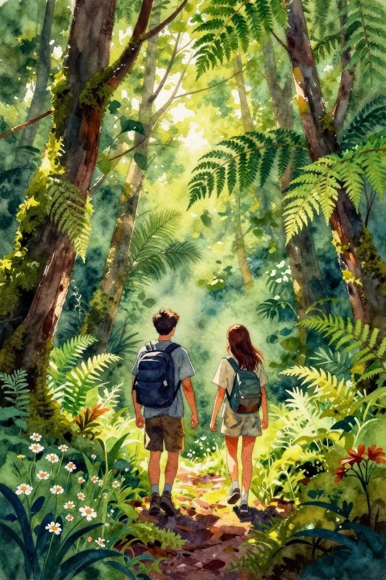 Watercolor of two children hiking on a sunlit forest path with backpacks