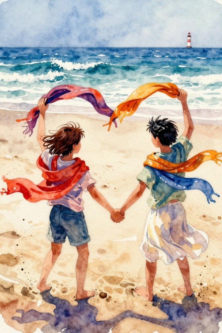 Two children holding hands on beach with flowing colorful scarves, waves and lighthouse in watercolor.