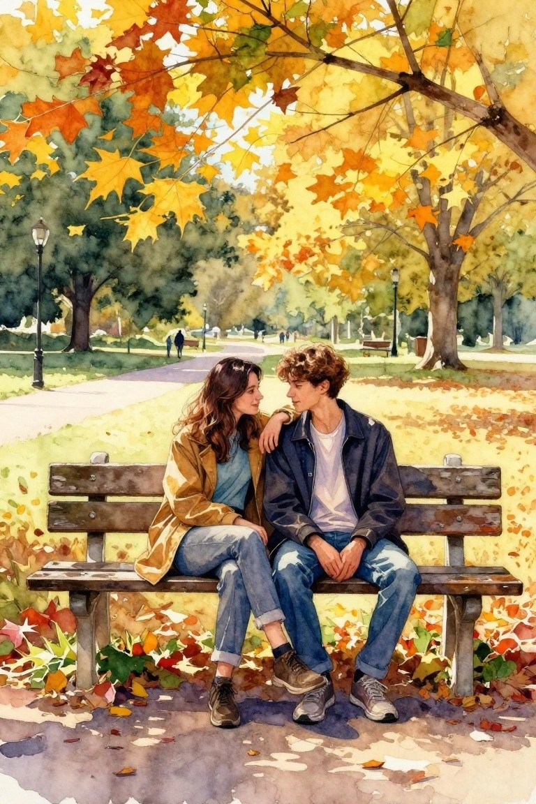 A watercolor painting of a young woman and young man sitting together on a wooden park bench surrounded by autumn trees and fallen leaves.