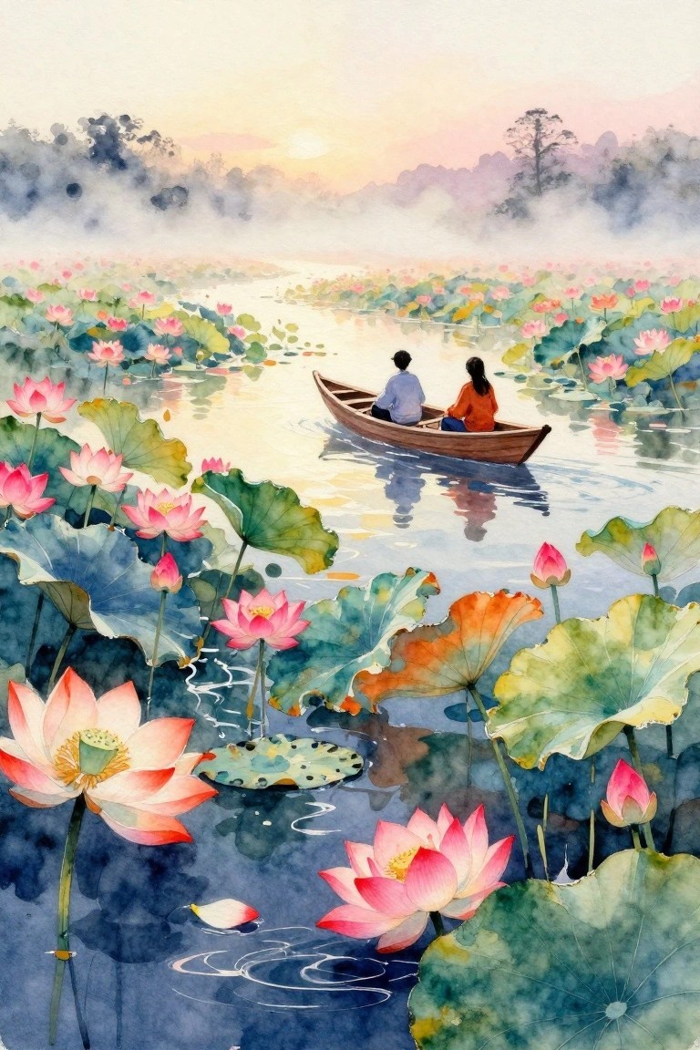 Watercolor of couple in wooden boat amid pink lotus flowers on misty pond at dawn.