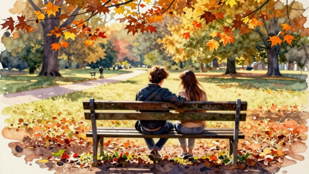 22 Heartwarming Best Friend Canvas Painting Ideas for Meaningful Handmade Art A watercolor painting of a young woman and young man sitting together on a wooden park bench surrounded by autumn trees and fallen leaves.