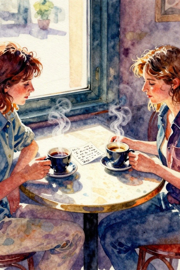 Two women sit across from each other at a table with coffee cups and a note between them near a window.