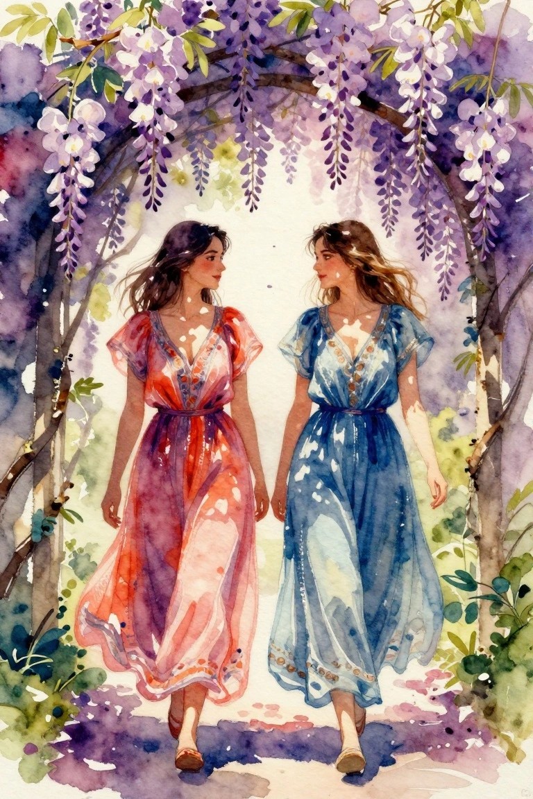 Two women in orange and blue dresses stroll beneath a blooming purple wisteria arch, watercolor.
