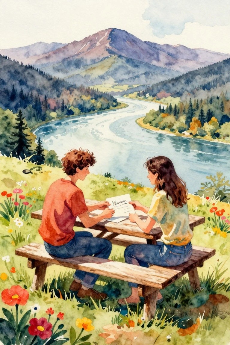 Watercolor of couple at picnic table viewing paper, overlooking winding river and mountains